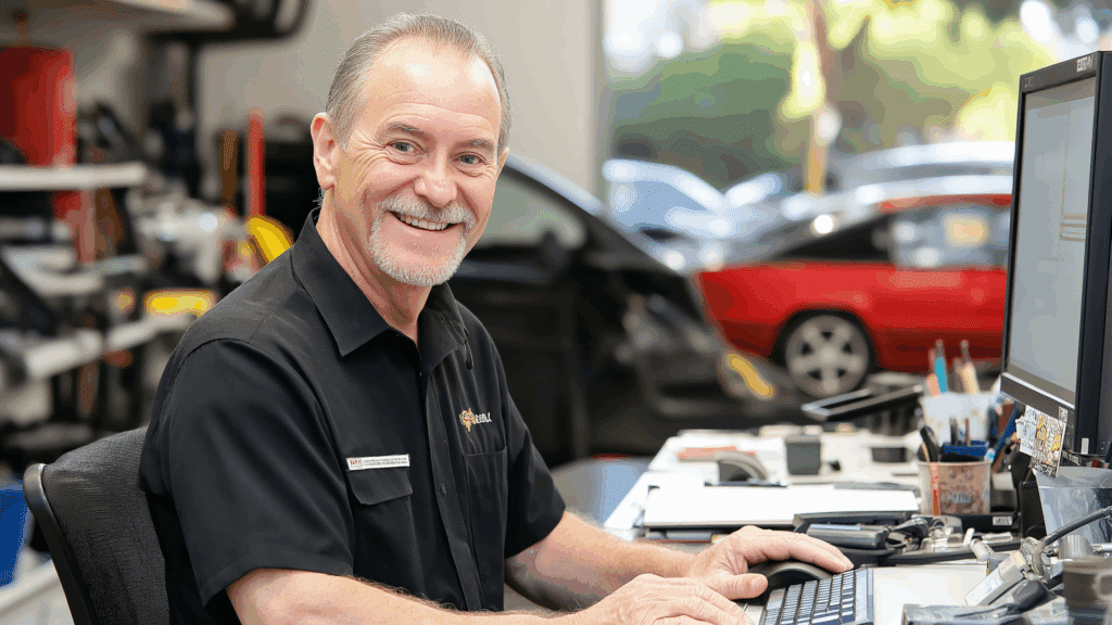 Mechanic reviewing tax forecasts on laptop in shop office.