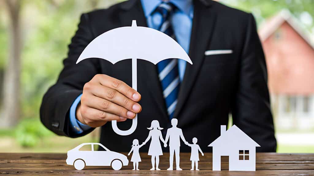Businessman holding umbrella protecting family car and house icons representing insurance concept