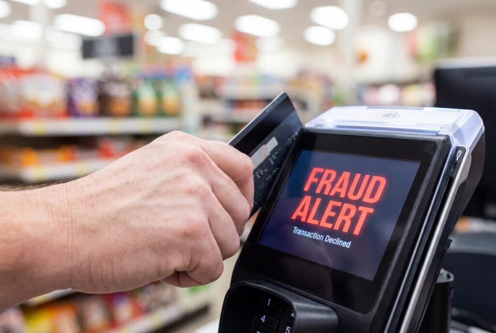 A man is shown holding a credit card at a point of sale terminal, which prominently displays a red fraud alert message on its screen, indicating a transaction issue